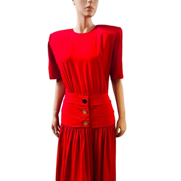 Vintage 80s David Benjamin Collection Red Maxi Dress Short Sleeves Fit M/L - Picture 4 of 12